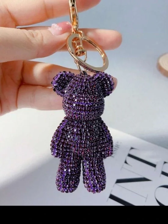 Beaded Teddy Bear Keychain available in Purple, Pink, Red - Picture 2 of 6